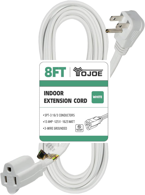 YOJOE 16/3 8 ft White Flat Plug Extension Cord, 16AWG Grounded Wire for Christmas Lights and Office Use