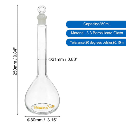 PATIKIL 250ml Volumetric Flask, 3.3 Borosilicate Glass Graduated Volumetric Measuring Flask with Glass Stopper Tolerance 0.10ml for Lab Experiment, Clear
