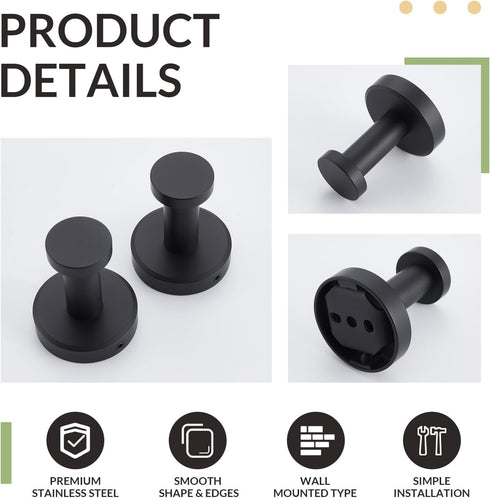 APLusee 2 Pack Bathroom Towel Hook - Stainless Steel Round Coat Robe Hanger for Toilet Kitchen (Matte Black)