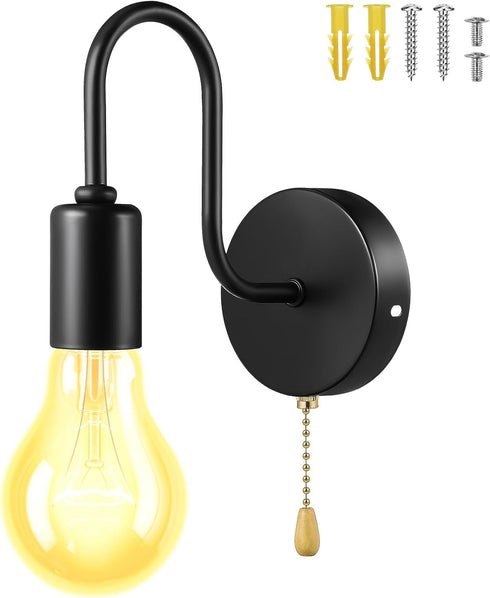 ELEOUTI Vintage Industrial Farmhouse Wall Lamp E26 Pull String Light Fixture Black Hardwired