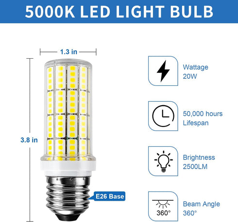 LED Corn Light Bulb 200w Equivalent 2500 Lumen 5000K Cool Daylight White 20W E26/E27 Base Ceiling Fan Led Light Bulb for Home Garage Warehouse Indoor Outdoor Led Corn Bulb Pack of 4 by RIUVAO