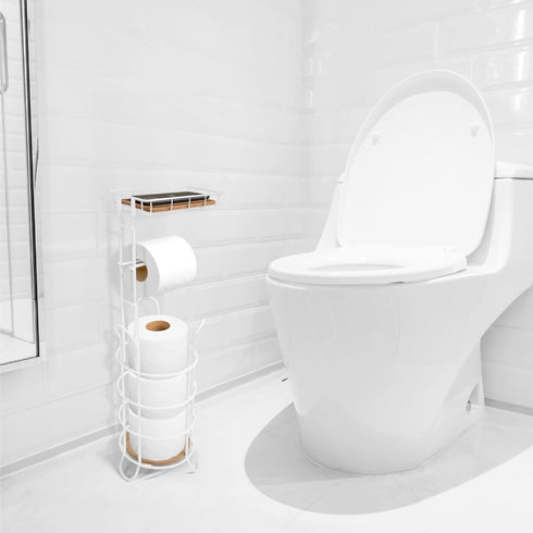 Inspired Living 3 Toilet Paper Holder Stand with Phone or Wipes Bamboo Shelf, Durable Free Standing Toilet Tissue Roll
