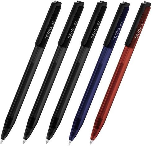Monami Trifis Oil-Based Ballpoint Pen, 0.7mm Set of 5, Red 1, Blue 1, Black 3