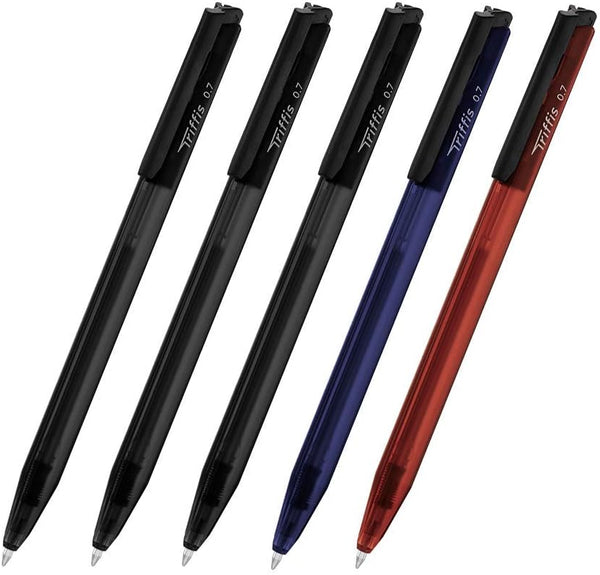 Monami Trifis Oil-Based Ballpoint Pen, 0.7mm Set of 5, Red 1, Blue 1, Black 3