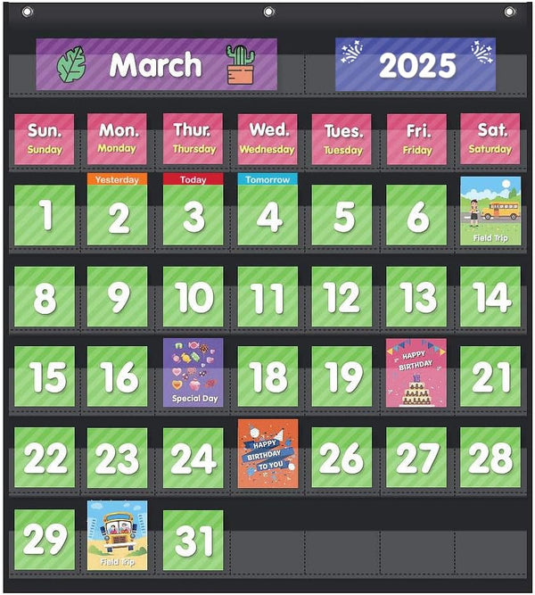 EAMAY Monthly Calendar Pocket Chart for Classroom with 71 Cards, Kids Learning Supplies for Home and Homeschool (Black)