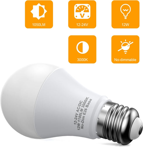 12V LED Light Bulbs, 12W 1050LM Warm White 3000K, 80W Equivalent, E26 Base for Off Grid Solar Lighting, 4 Pack