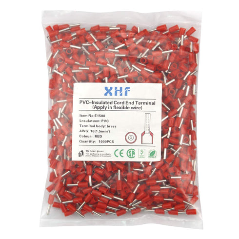 XHF 1000 PCS AWG 16/1.5mm² Wire Ferrules Insulated Copper Crimp Connectors, Red Crimp Pin Terminals