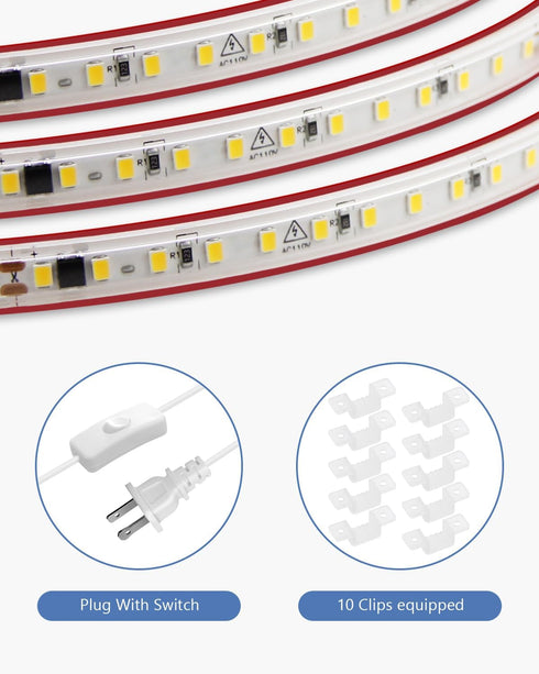 IP65 110-130V 16.4FT 3000K 120 Outdoor LED Strip Lights Waterproof AC LED Rope Light Warm White Strong Adhesive
