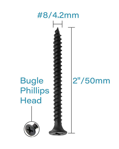 50pcs #8 x 2 Flat Head Phillips Drywall Screws, Fine Thread, Carbon Steel 1022A, Black Phosphate