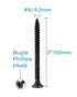 50pcs #8 x 2 Flat Head Phillips Drywall Screws, Fine Thread, Carbon Steel 1022A, Black Phosphate