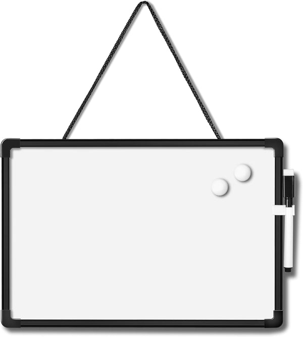Double-Sided Small White Board, 11" x 7" Mini Hanging Dry Erase Board with Black Frame for Home School Office