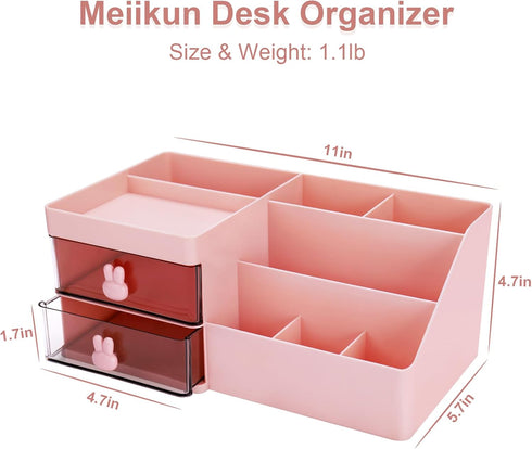Desk Organizer, Makeup Organizer with 2 Drawers, 7 Compartment & a Top Tray, Desktop Organizers and Storage for Women, Cute Home organization Bathroom, 11" x 5.7" x 4.7" (Pink) by Meiikun