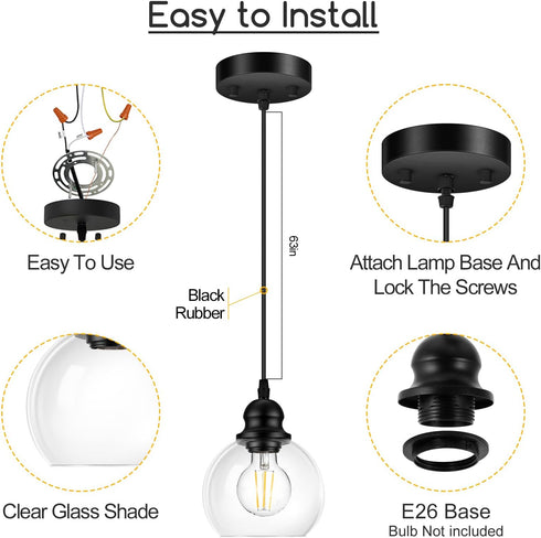 71 Inch Fixture(E26 Bulb) Pendant Lights Kitchen Island, Black Pendant Light with Glass Lampshade, Adjustable Hanging