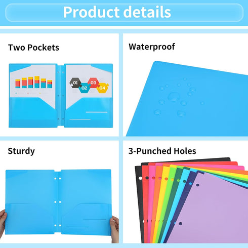 EOOUT 10pcs Colorful File Folders, Plastic with Pocket and 2 Business Card Slots, 3 Hole Punch for Binder