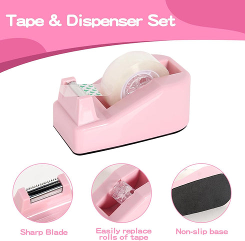 Pink Stapler and Tape Dispenser Set, Office Supplies Kit with Staple Remover, 1000 Staples, Clips, Tape, Scissors, Tabs