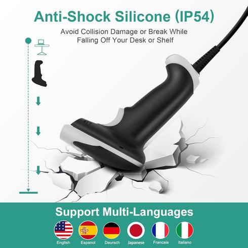 JRHC 1D 2D PDF417 Barcode Scanner, Handheld USB Barcode Scanner Wired Connection Barcode Reader QR Data Matrix