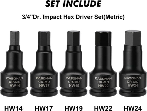 3/4 Inch Set, 5-Pieces, 14mm, 17mm, 19mm, 22mm, 24mm, 3/4" Set, CASOMAN Drive Impact Hex Driver Metric, Drive Master