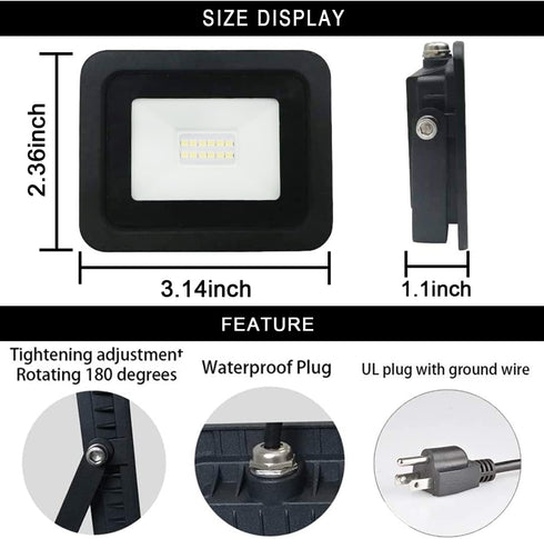 5Pack 10W 3x2 MIWAT Daylight LED Flood Light Outdoor, LED Work Light, Plug and Play, Waterproof Outdoor Floodlights