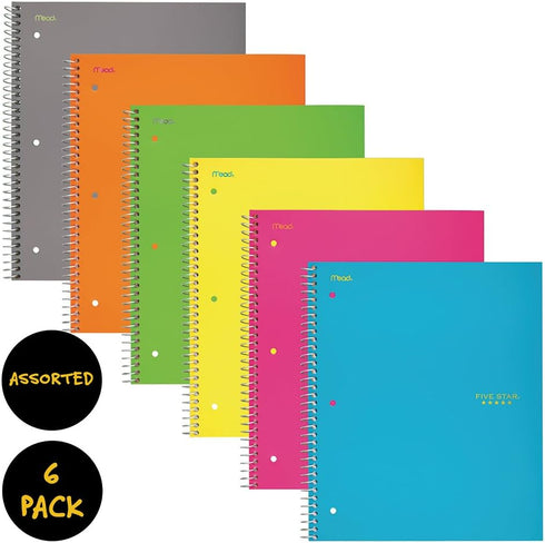 Five Star Spiral Notebooks, 3 Subject, Wide Ruled, 150 Sheets, 10-1/2" x 8", Assorted Colors, 6 Pack (73449)