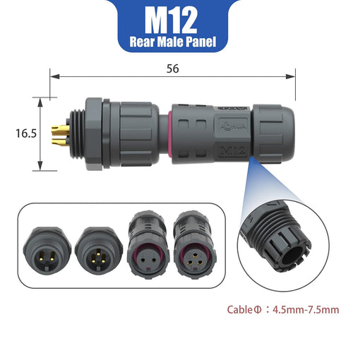 AOHUA M12 Waterproof Connector IP68 Outdoor Electrical plug for 2 Or 3-pin Cables 4.5-7.5mm UL Certification (Black)(6 Pack)