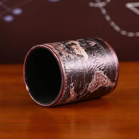Black World Map Pencil Holder for Desk, PU Leather Pencil Cup, Globe Pen Holder Organizer