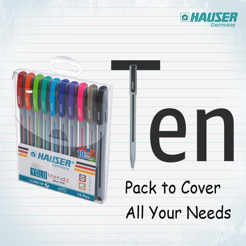 HAUSER YOLO Trendz Ballpoint Pens, 10 Pack, 1.0mm Colorful Pens for Note-Taking and School Supplies
