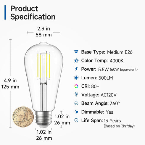 SHINESTAR Edison LED Light Bulbs, Dimmable E26 LED Bulb 60 watt, 6W High Brightness 4000K Daylight white, ST58 Antique LED Filament Bulbs with 80+ CRI, Clear Glass, 8 Packs by SHINESTAR