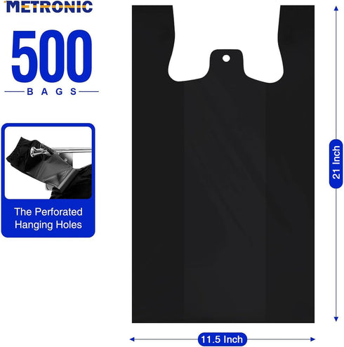 500 Count 11.5 6.5 21 Packaging, METRONIC Black Plastic T-shirt Bags with Handle, x x Plastic Carry Bags for Retail
