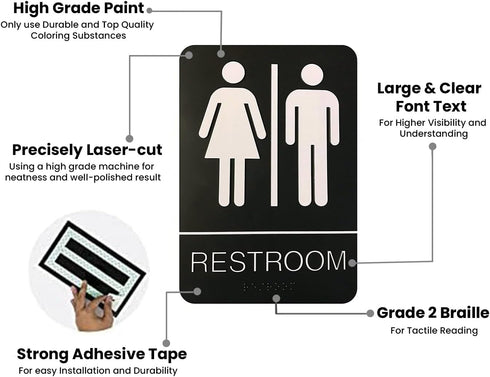 Unisex Braille Restroom Sign - 9 x 6 Inch with Graphical Symbols and Double Sided 3M Tape (Black)