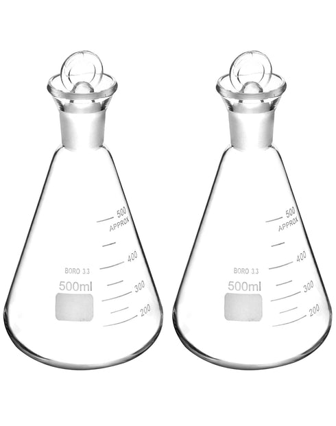 QWORK 500ml Iodine Flask with Stopper, 2 Pack Heavy Duty Borosilicate Glass Erlenmeyer Flask, Conical Shape