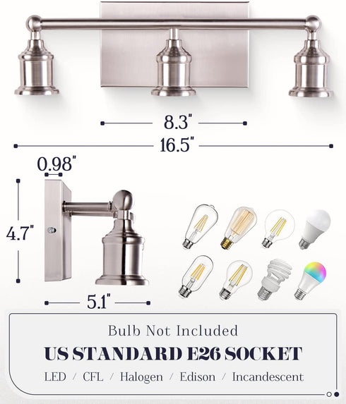 3-Light E26 Hallway(Bulb Vanity Light Fixture, Modern Brushed Nickel Wall Sconce Light Fixture, Industrial Bathroom