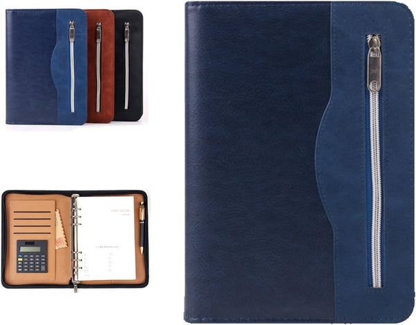 SAYEEC A5 Executive Conference Folder Zipped Portfolio Binder Faux Leather Padfolio with Calculator and Loose Leaf Paper