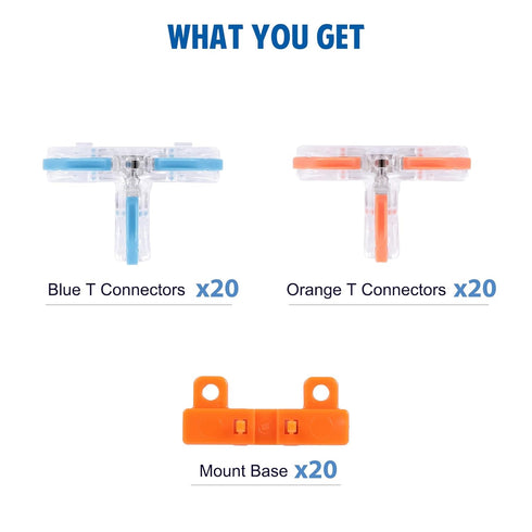 Brightfour T Tap Connectors for AWG 28-12, Lever Wire Connectors 40 Pack, Pushin 3 Way T Connectors for Wiring, 10 Mount Bases Included