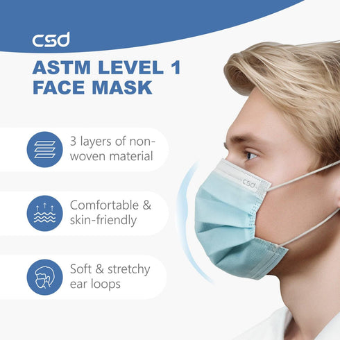 50 1 3 CSD Colo Pcs ASTM Level Disposable Face Masks, Ply Adult Mask with Elastic Ear Loop, Nose Bridge Clip
