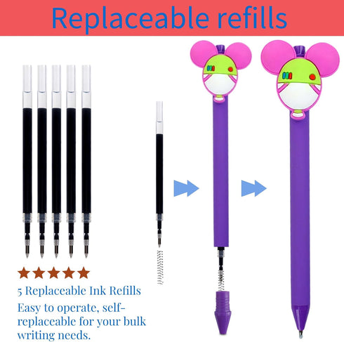 HL Hope&Luck 5PC Cute Mouse Head Character Ears Pens, Multi Color Cartoon Retractable Ballpoint Pens