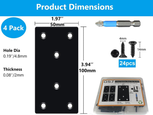 4 Pack Black Flat Mending Plate,Six-Hole Metal Bracket, Straight Steel Brace 3.94 x 1.97'', Fixing Joining Plate for Wood with 24PCS Screws, 1x Screwdriver.