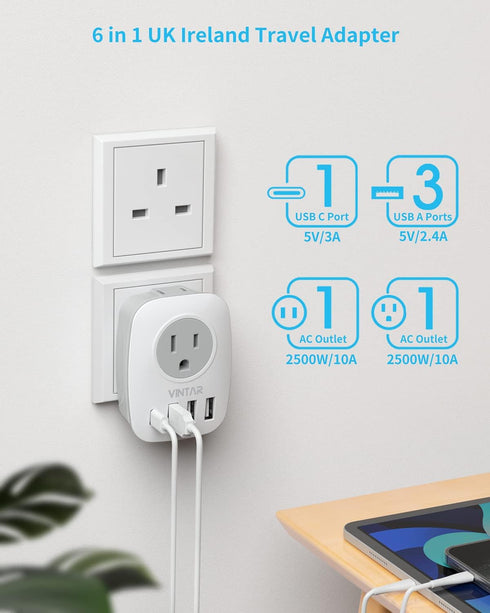 VINTAR UK Ireland Travel Plug Adapter, Type G with 1 USB C, 3 USB Ports, 2 Outlets for USA to England