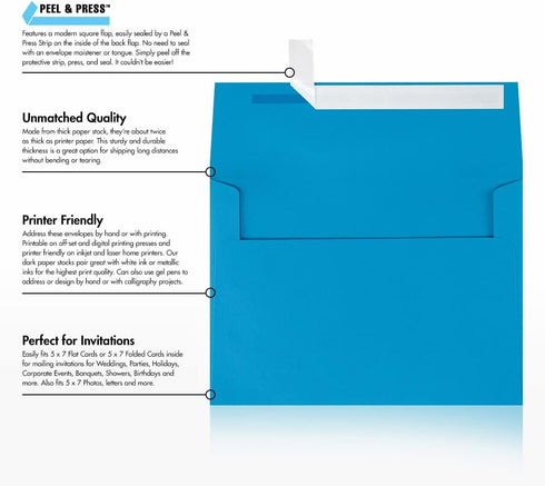 LUXPAPER A7 Invitation Envelopes for 5 x 7 Cards, 80 lb. Pool, 50 Pack, Peel and Press Seal