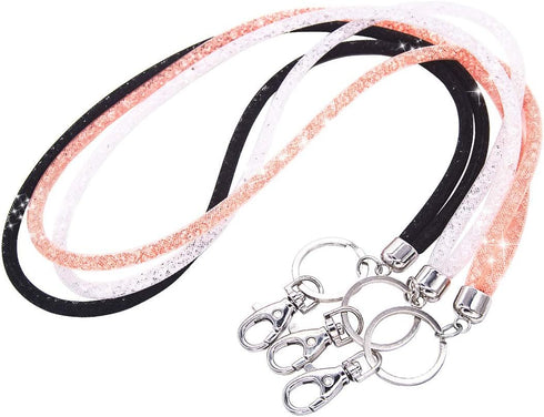 Bling Crystal Lanyard Strap with Metal Clasp & Keyring - Rhinestone ID Badge Lanyards for Women - 3 Pack