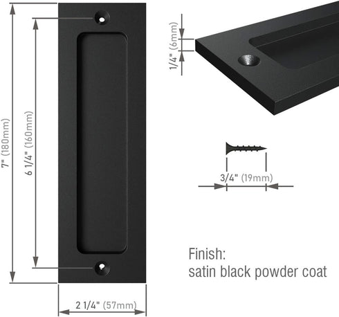 7" Flush Pull Handle: Sliding Barn Door Handle for Cabinets, Closet, Drawers - Black - Set of 2