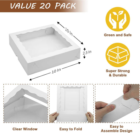 20 Pcs Pie Boxes 10x10x2.5 Inch, White Bakery Boxes with Window, Cookie Treat Boxes, Chocolate Covered Strawberries
