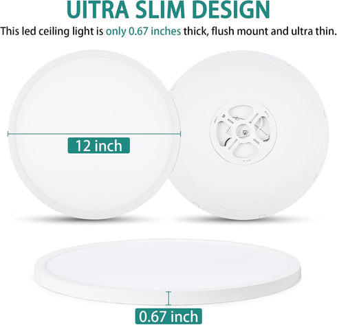 12Inch 24 2400 Dimmable, 3-CCT (3000K/4000K/6000K), LED Flush Mount Ceiling Light W LM Changeable Ultra-Thin Modern
