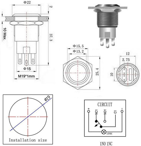 WerFamily Red LED Angel Eye + Power Indicator, 19mm Momentary Push Button Switch