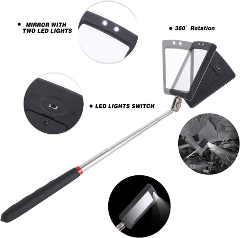 Magnetic Pick Up Kit 5pc, Includes 1lb and 10lb Rods, Inspection Mirror and Flexible LED Flashlight