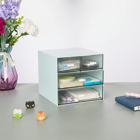 LETURE Desk Organizer with 4 Drawers, Clear Plastic Desk Storage Box, Desktop Organization for Office Supplies, Gel Pens, Pencils, Markers, Tape, Erasers, Paperclips, Chargers (Blue) by LETURE