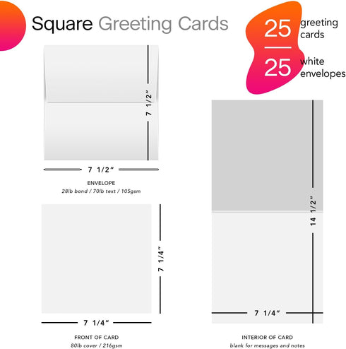 Set 7.25" 7.25" 25 Pack Square Greeting Cards - White Blank Half Fold Cards with Envelopes - Great for Holiday