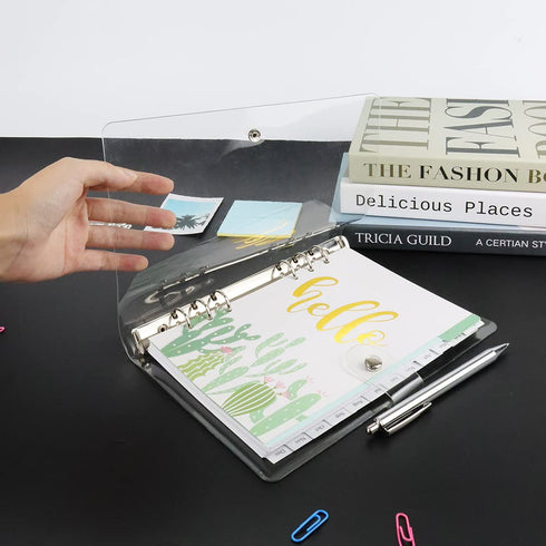 Clear A5 Binder, PVC Budget Binder, Transparent Notebook Shell, Snap Button Closure, 6 Rings