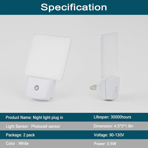 2 Pack LED Night Light with Dusk to Dawn Sensor - Cool White Illumination
