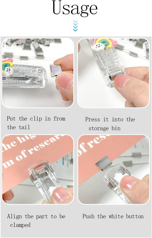Office Supplies Push Stapler, Portable Handheld Small Reusable Clam Clip, 5 Pack Binder Dispenser with 100 Clips