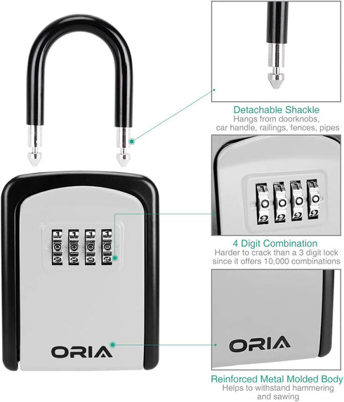 ORIA 4 Digit Combination Key Lock Box, Waterproof Key Safe for Indoor Outdoor, Holds 5 Keys, Silver